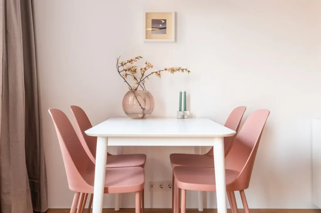 Krzesła w kolorze pudrowego różu w połączeniu z jasnymi dodatkami